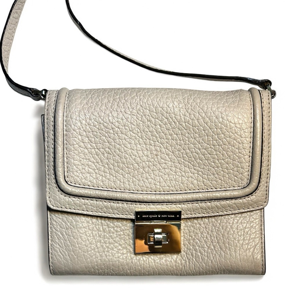 Kate Spade Pebbled Leather Turnlock Crossbody Bag Cream Beige Gold